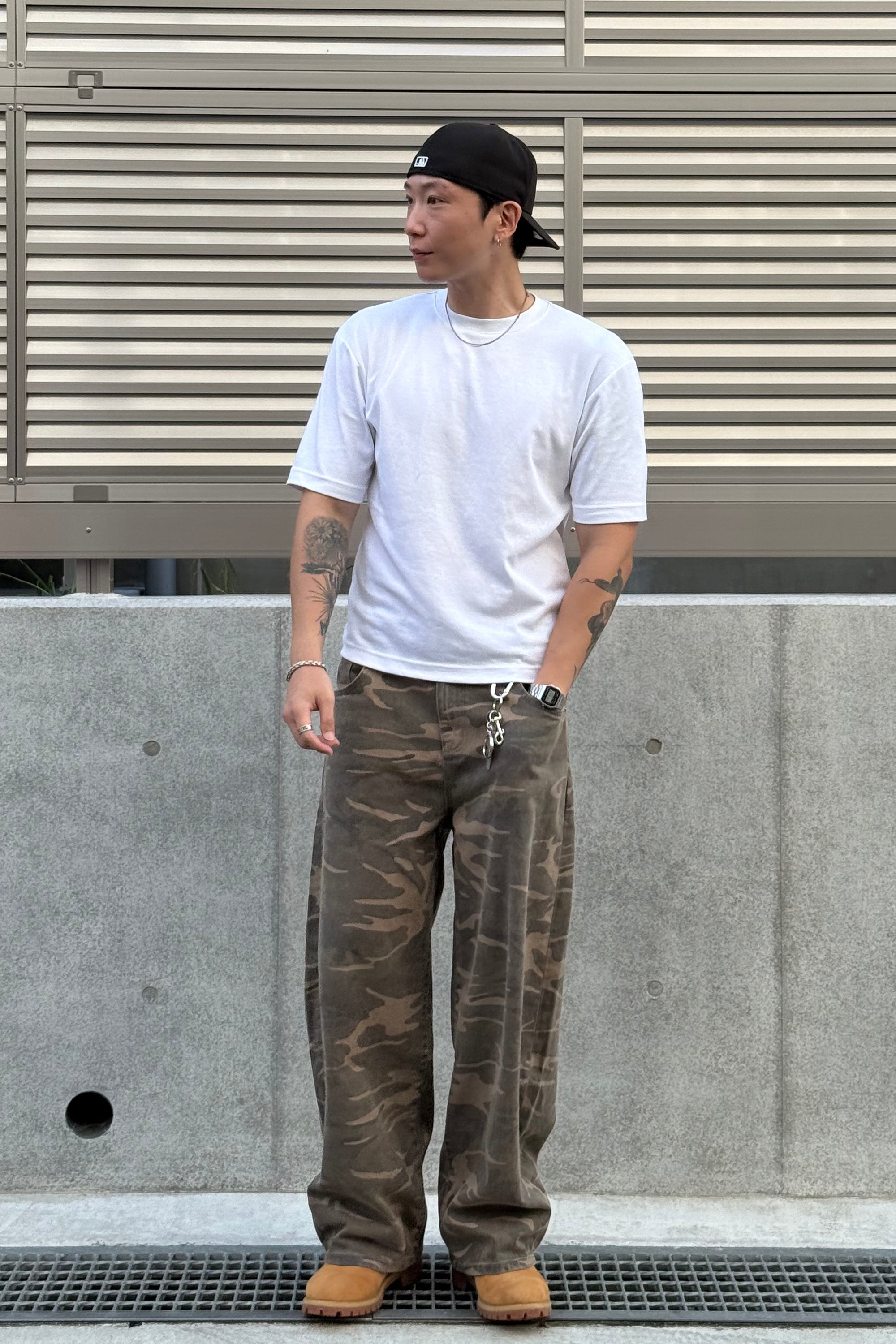 メンズ 迷彩 ワイドデニム カーゴ風 ミリタリー ストリート 韓国 ワンフォークロージング 1111clothing ミリタリーパンツ メンズ